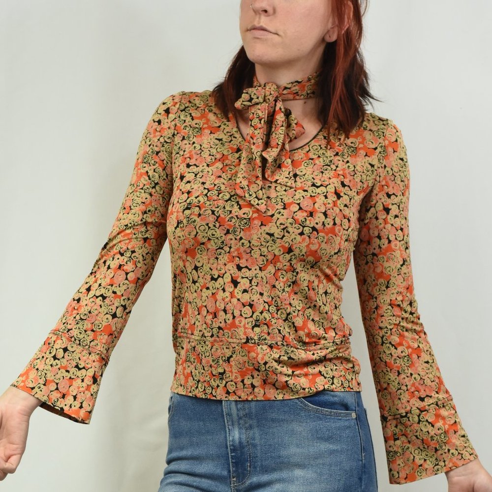 Anna Sui Bell Sleeve Bow Neck Spandex Top Sz 6